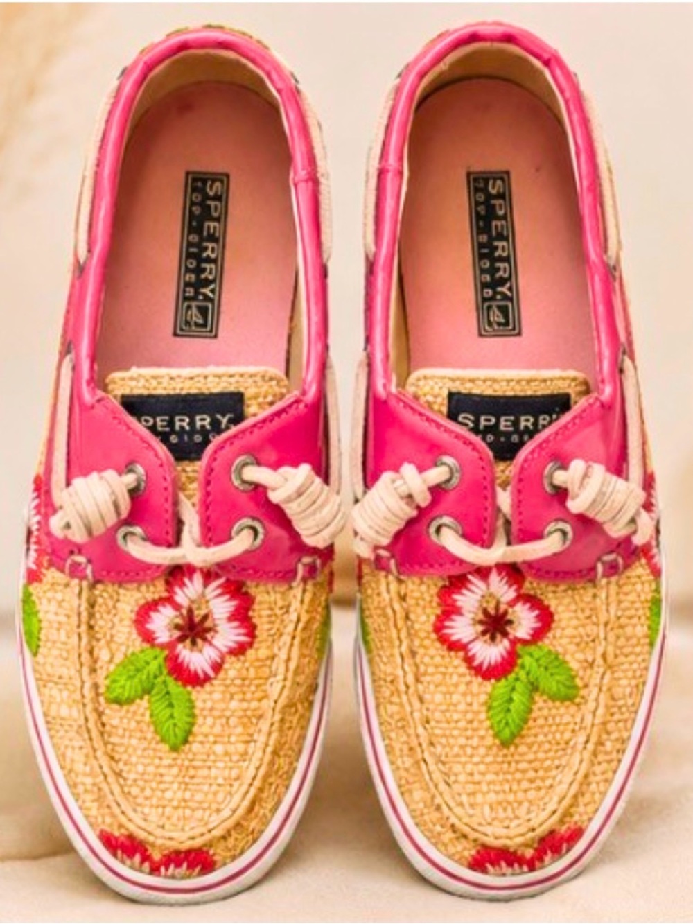 Sperry Pink and Natural Floral Embroidered Moccasins
